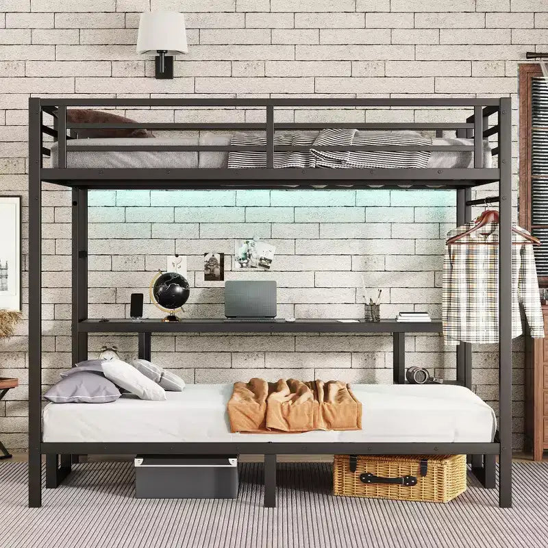Queen Over Twin XL Metal Bunk Bed/Loft Bed with Desk and Shelves, Metal Bunk Bed Frame with LED and USB, Multiple Uses Folds into Sofa, Black