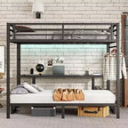 Queen Over Twin XL Metal Bunk Bed/Loft Bed with Desk and Shelves, Metal Bunk Bed Frame with LED and USB, Multiple Uses Folds into Sofa, Black