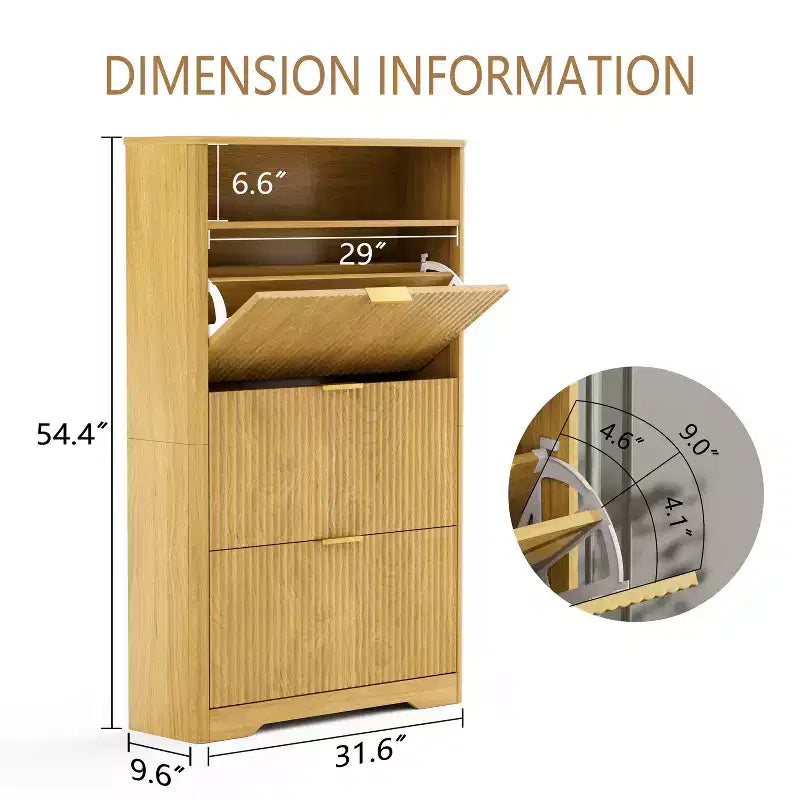 3-Tier Modern Shoe Cabinet with Flip-Down Doors and Open Shelf