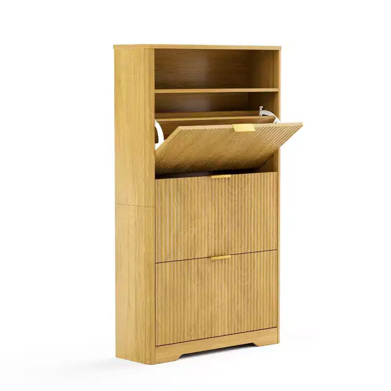 3-Tier Modern Shoe Cabinet with Flip-Down Doors and Open Shelf