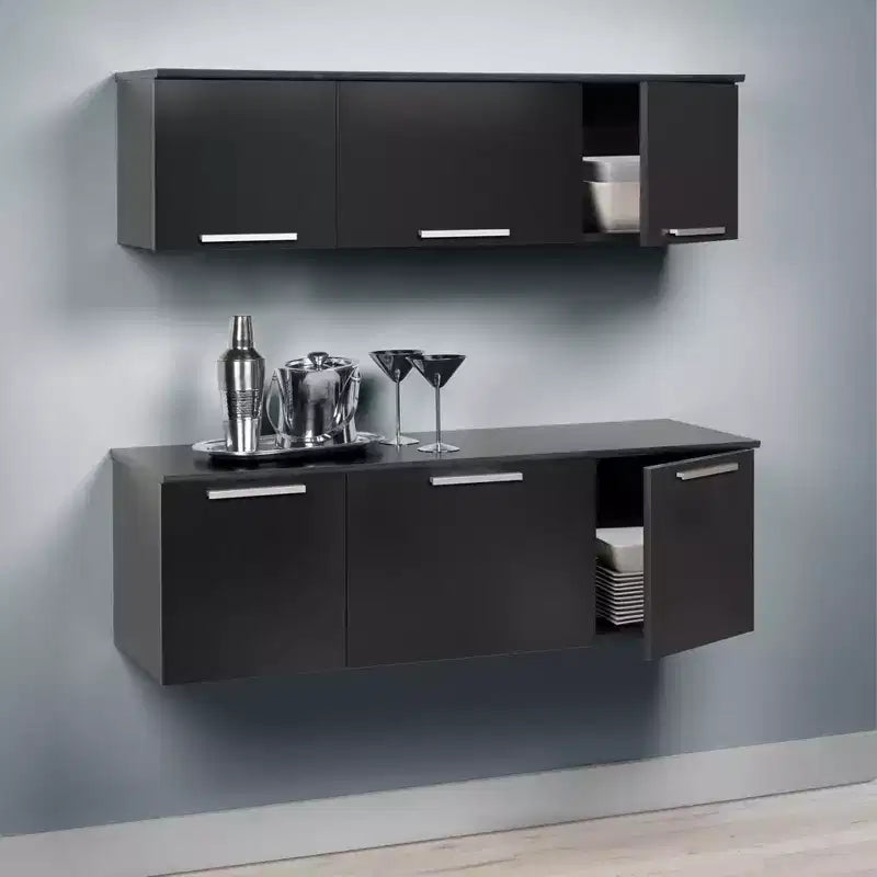 Wall Mounted Hutch Black: Laminated Storage, Self-Closing Hinges, Nickel Handles