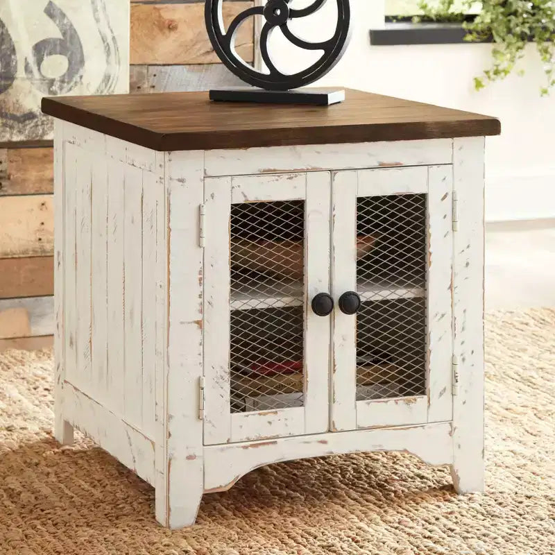End Table White/Brown: Modern Style with Storage, Wood Legs & Double Doors