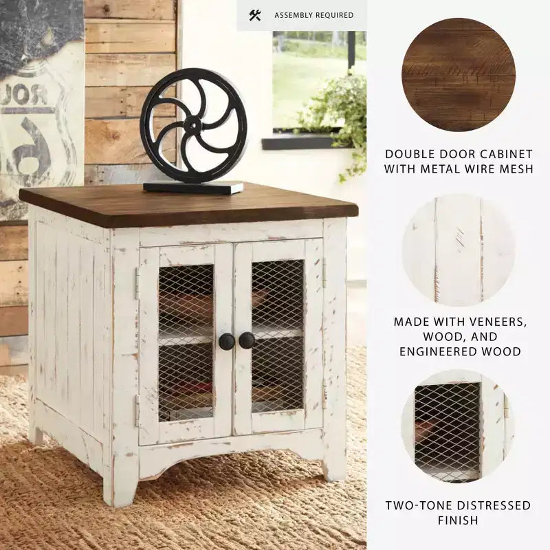 End Table White/Brown: Modern Style with Storage, Wood Legs & Double Doors