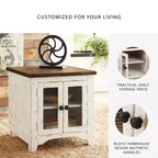 End Table White/Brown: Modern Style with Storage, Wood Legs & Double Doors