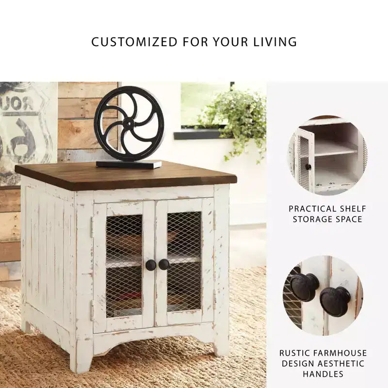 End Table White/Brown: Modern Style with Storage, Wood Legs & Double Doors