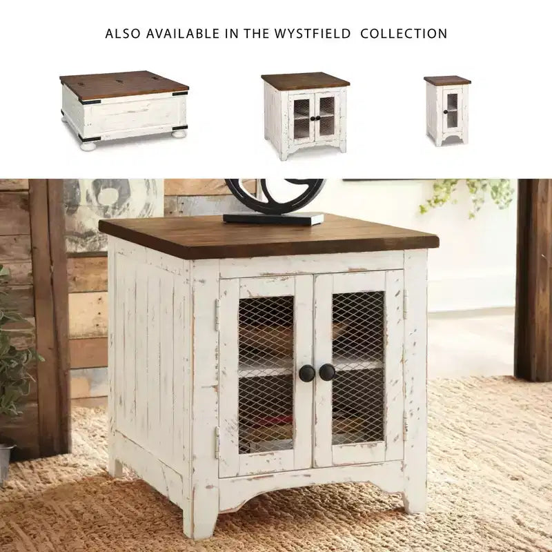 End Table White/Brown: Modern Style with Storage, Wood Legs & Double Doors