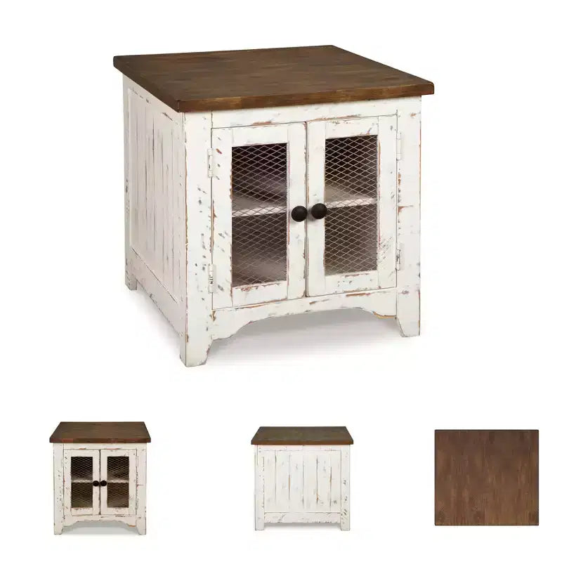 End Table White/Brown: Modern Style with Storage, Wood Legs & Double Doors