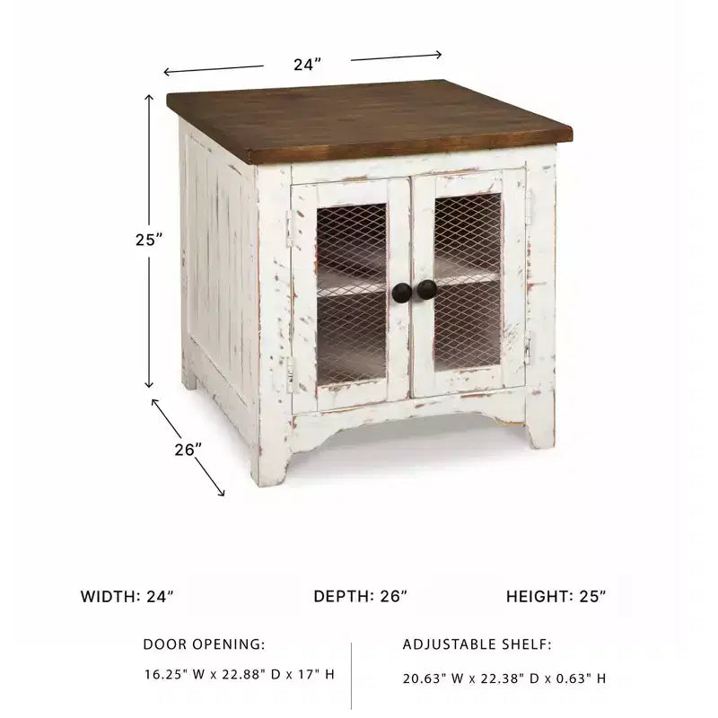 End Table White/Brown: Modern Style with Storage, Wood Legs & Double Doors