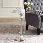 Modern Metal Round Accent Table 20 Wide Brushed Nickel Clear Glass Tray Marble Accents for Living Room Bedroom Bedside Entryway