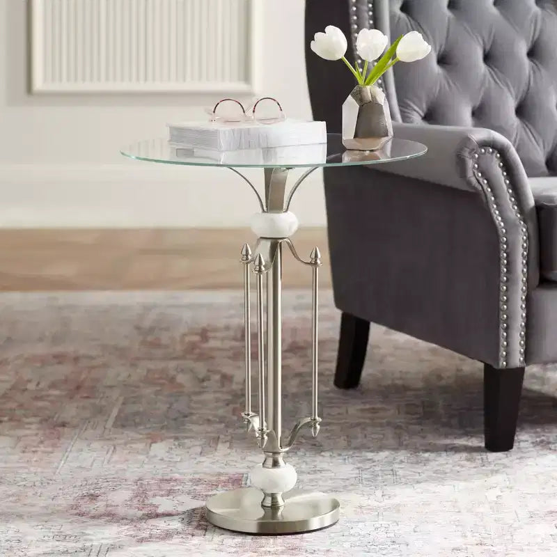 Modern Metal Round Accent Table 20 Wide Brushed Nickel Clear Glass Tray Marble Accents for Living Room Bedroom Bedside Entryway