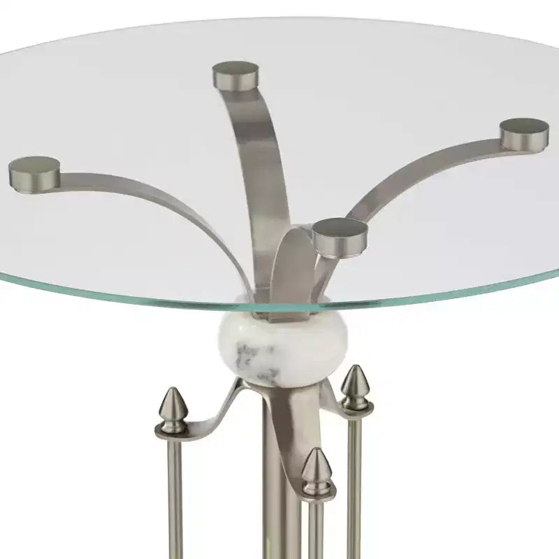 Modern Metal Round Accent Table 20 Wide Brushed Nickel Clear Glass Tray Marble Accents for Living Room Bedroom Bedside Entryway