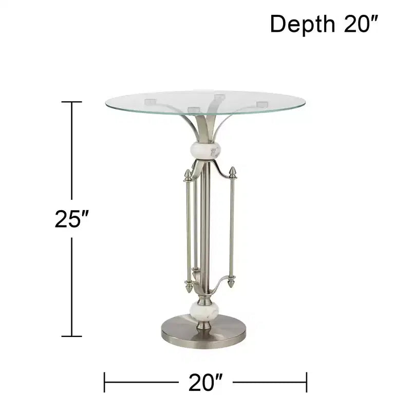 Modern Metal Round Accent Table 20 Wide Brushed Nickel Clear Glass Tray Marble Accents for Living Room Bedroom Bedside Entryway