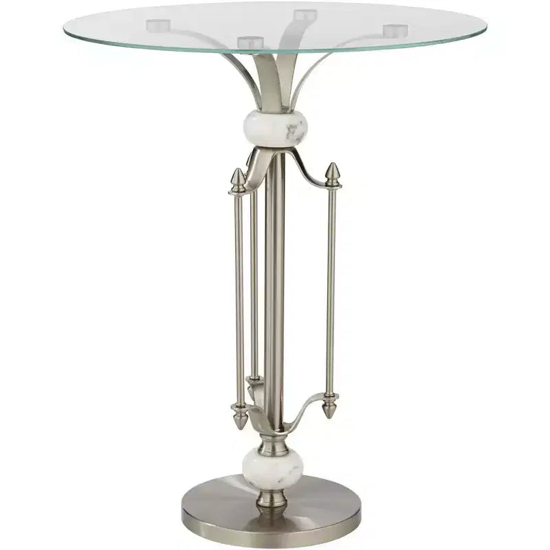 Modern Metal Round Accent Table 20 Wide Brushed Nickel Clear Glass Tray Marble Accents for Living Room Bedroom Bedside Entryway