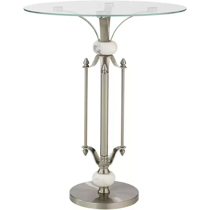 Modern Metal Round Accent Table 20 Wide Brushed Nickel Clear Glass Tray Marble Accents for Living Room Bedroom Bedside Entryway