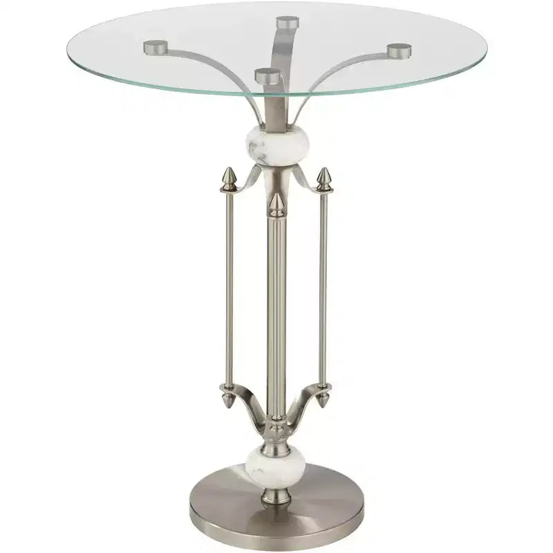 Modern Metal Round Accent Table 20 Wide Brushed Nickel Clear Glass Tray Marble Accents for Living Room Bedroom Bedside Entryway