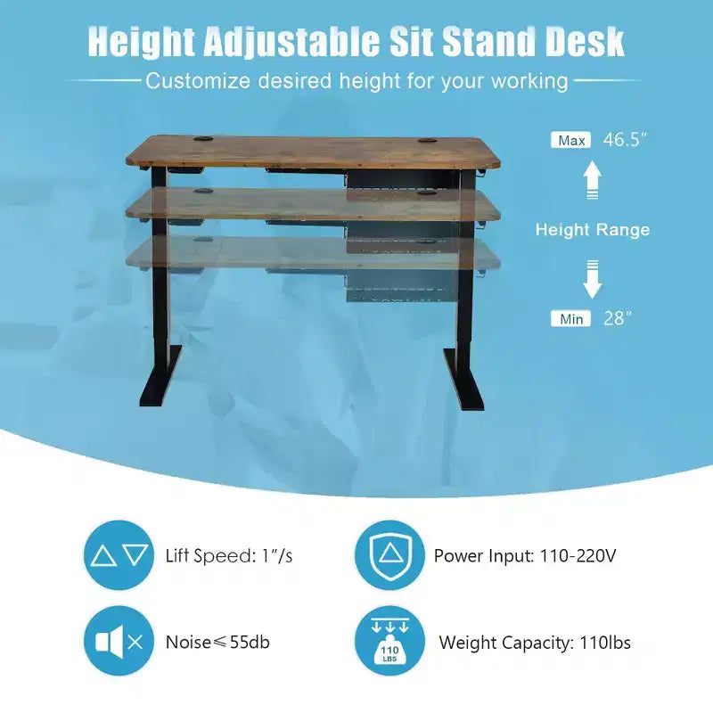 48'' Electric Standing Desk Height Adjustable w/ Control Panel & USB Port Rustic/Walnut