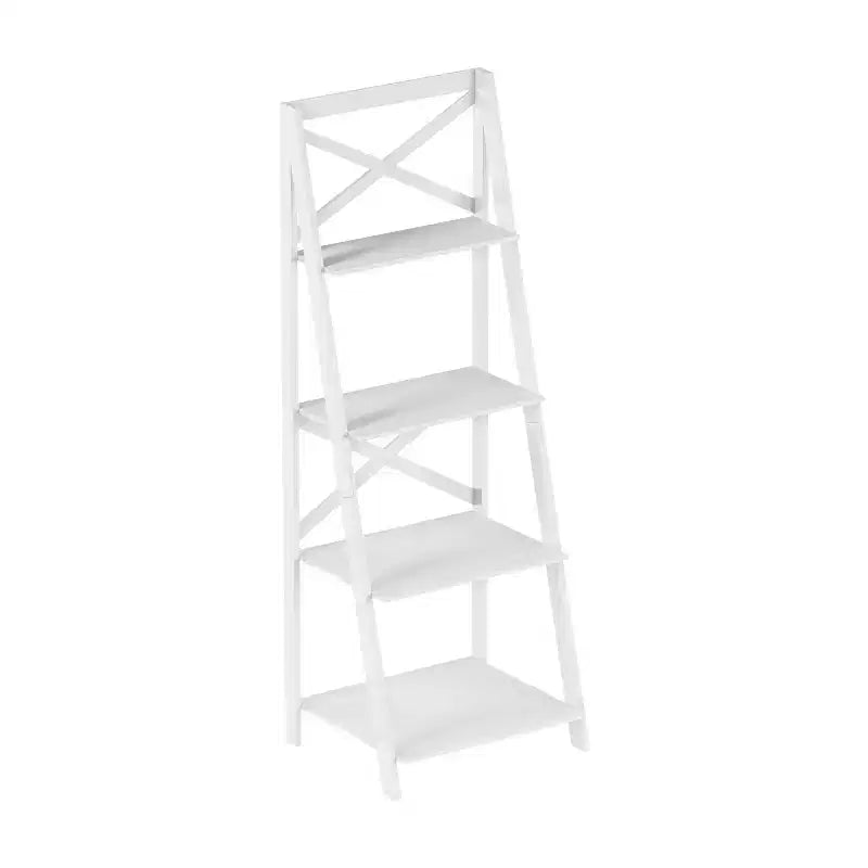 4-Tier Ladder Bookshelf with X-Back Frame Freestanding Bookcase, White
