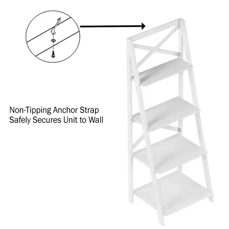 4-Tier Ladder Bookshelf with X-Back Frame Freestanding Bookcase, White