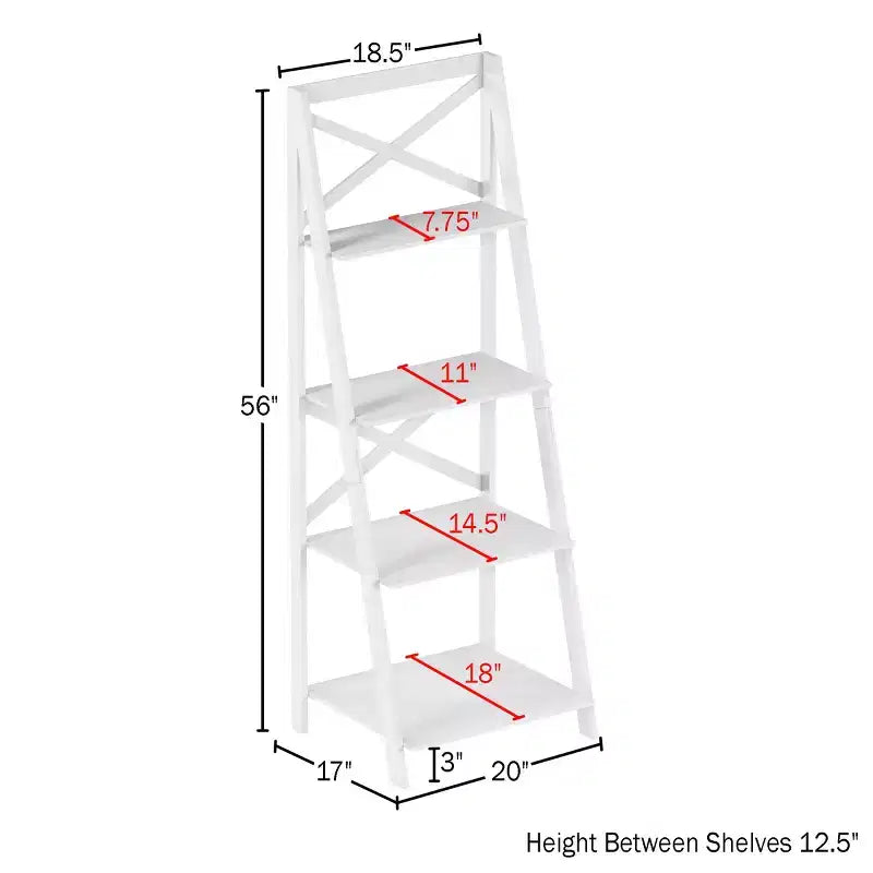 4-Tier Ladder Bookshelf with X-Back Frame Freestanding Bookcase, White